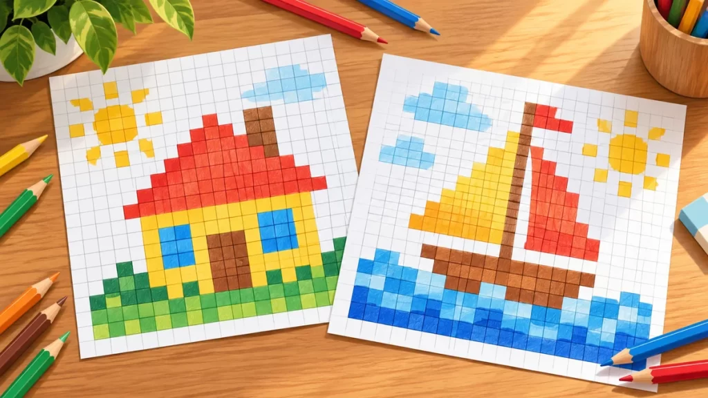 Dos dibujos de casillas de colores con una casa y un velero.