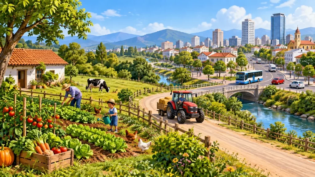 Ilustración de un camino que conecta una huerta rural con una ciudad.