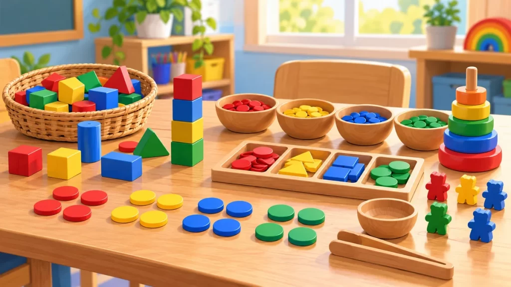 Bloques y fichas de colores para explorar cantidades en una mesa de aula.
