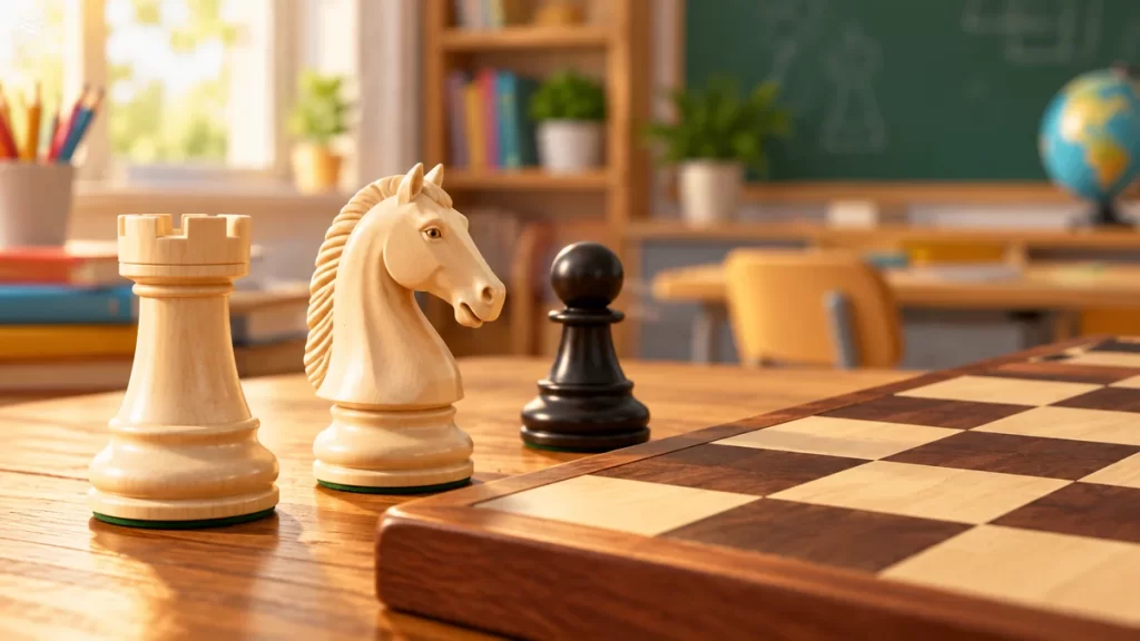 Ajedrez para niños: cómo colocar las piezas, moverlas y empezar a jugar 1 Torre y caballo blancos y un peón negro junto a un tablero.