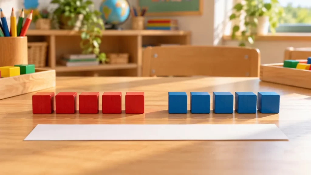 Diez cubos, cinco rojos y cinco azules, sobre una mesa escolar.