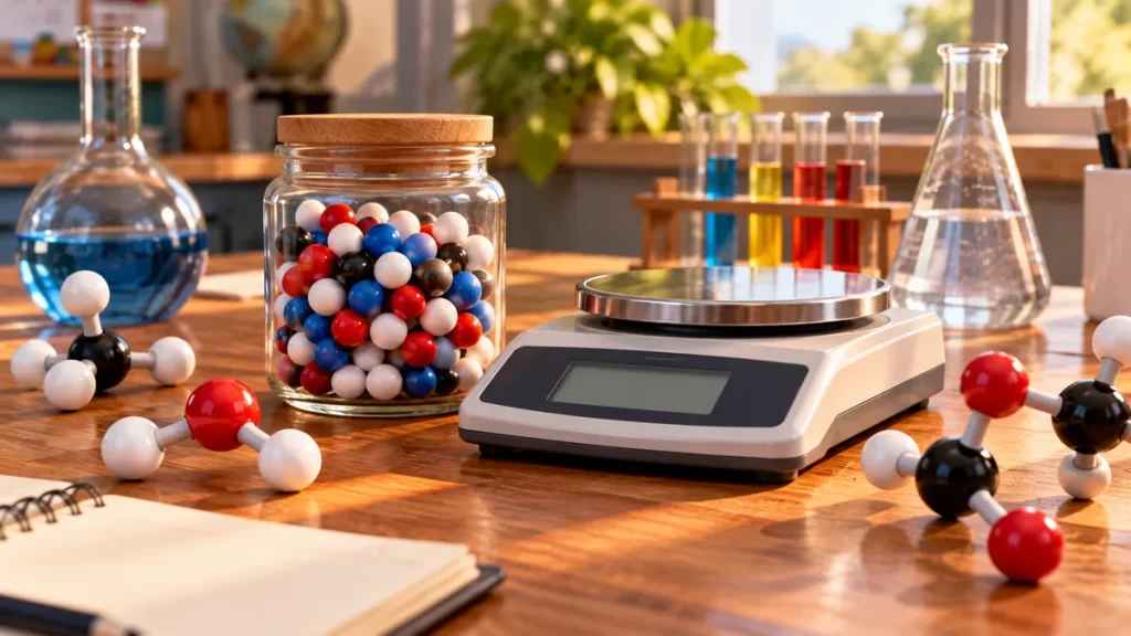 Balanza y material de laboratorio con modelos moleculares en una ilustración imaginada.