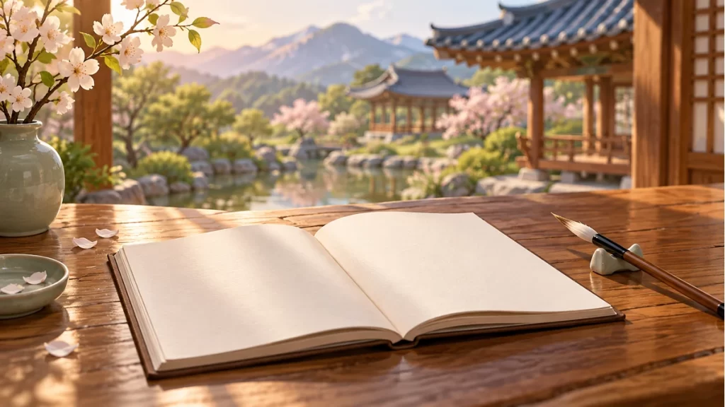 Cuaderno en blanco sobre una mesa y jardín de inspiración coreana.
