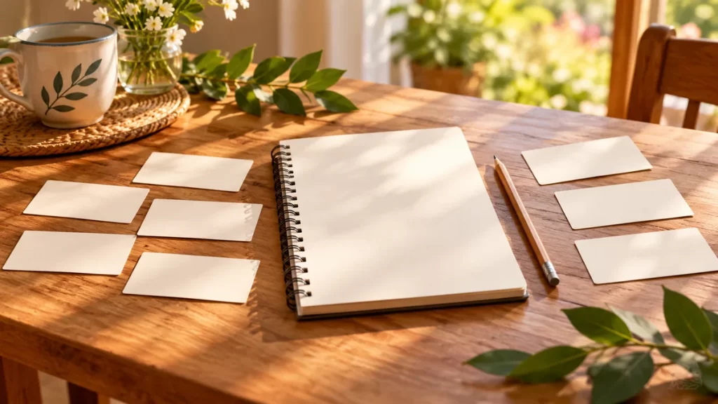 Nombres que empiezan con S: significados documentados y cómo elegir 1 Ocho tarjetas sin texto y un cuaderno sobre una mesa familiar para comparar nombres.