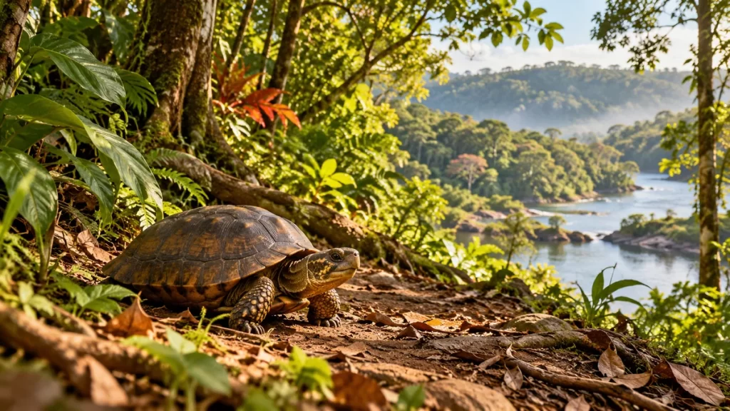 Tortuga en un sendero de selva junto a un río, evocación de los relatos de Horacio Quiroga.