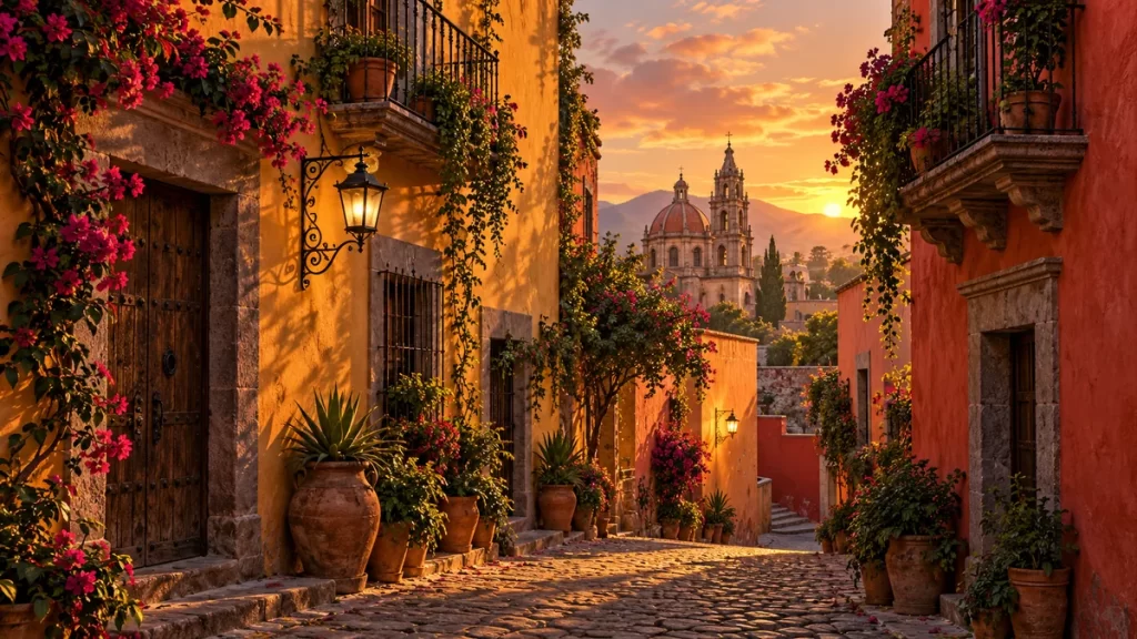 La leyenda del Callejón del Beso: lectura escolar y preguntas 1 Ilustración imaginada de un callejón mexicano con balcones y macetas.