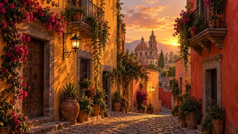 Ilustración imaginada de un callejón mexicano con balcones y macetas.