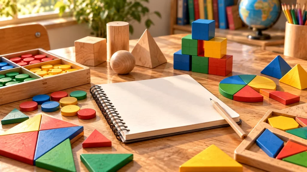 Figuras geométricas y bloques de colores junto a un cuaderno.