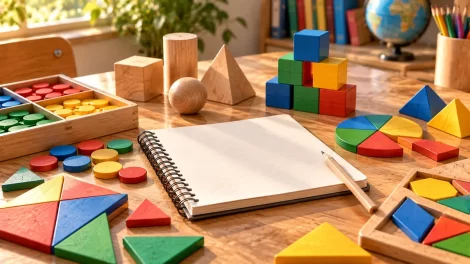 Figuras geométricas y bloques de colores junto a un cuaderno.