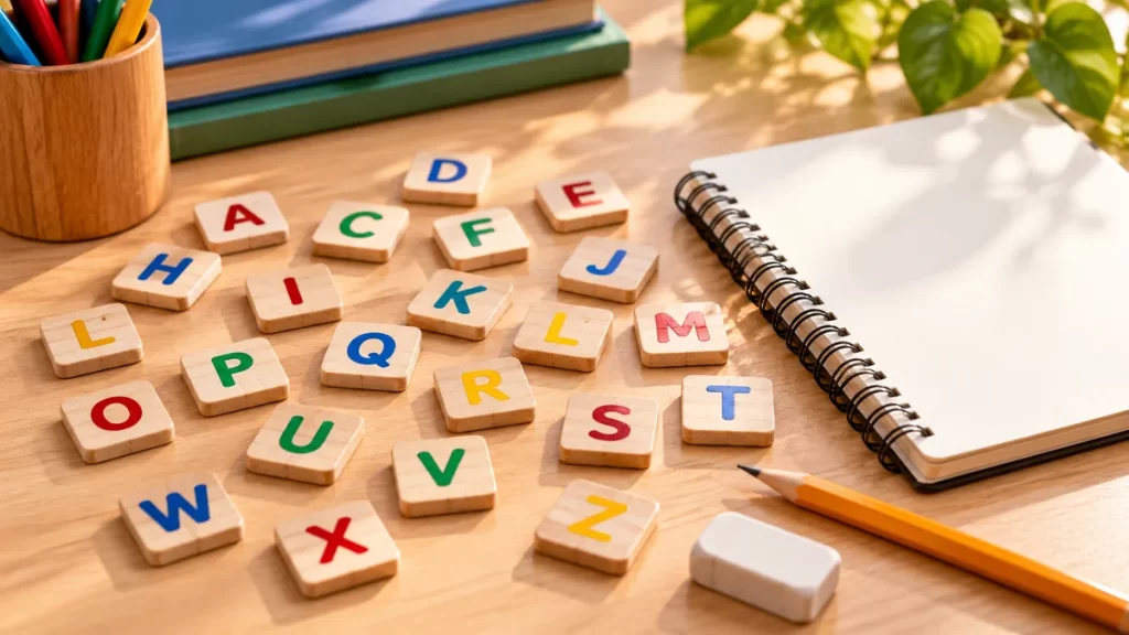Fichas con letras mezcladas y lápiz sobre una mesa escolar para formar palabras.
