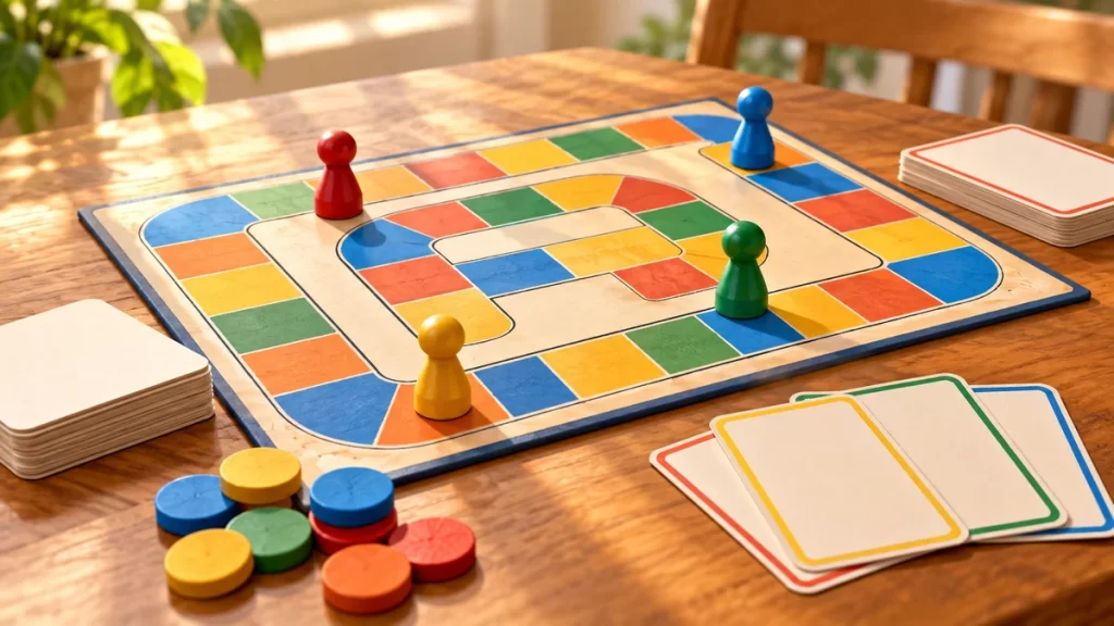 Tres juegos matemáticos de mesa para primaria con reglas y partidas 1 Tablero original con casillas de colores, fichas y tarjetas vacías.