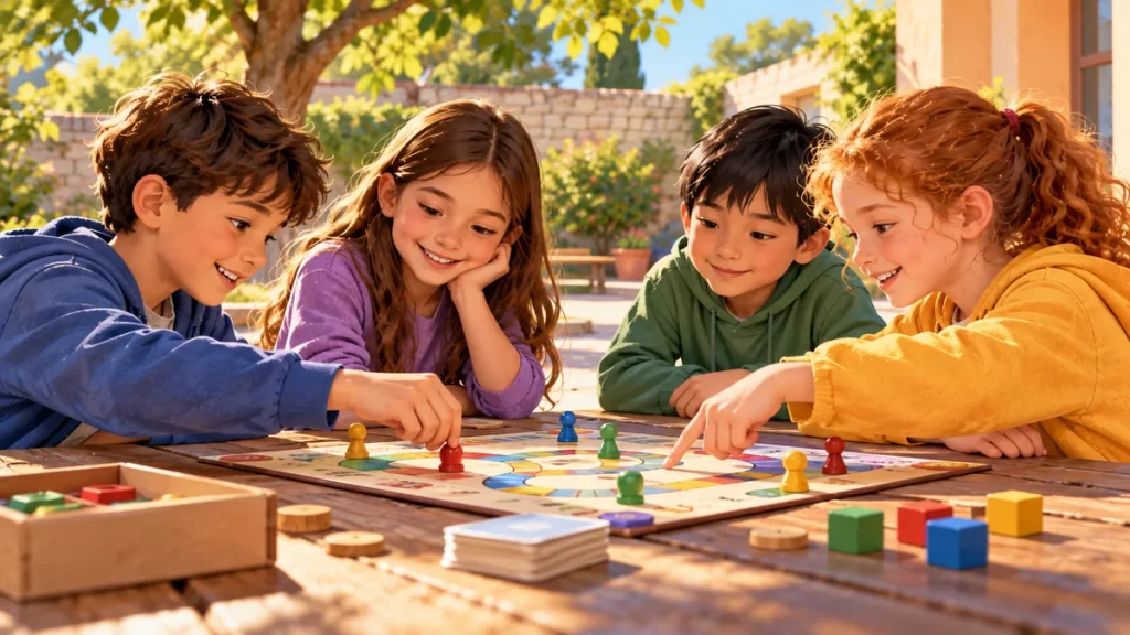 El valor de la amistad para niños: ejemplos y decisiones 1 Cuatro niños comparten un juego de mesa bajo la luz del sol.