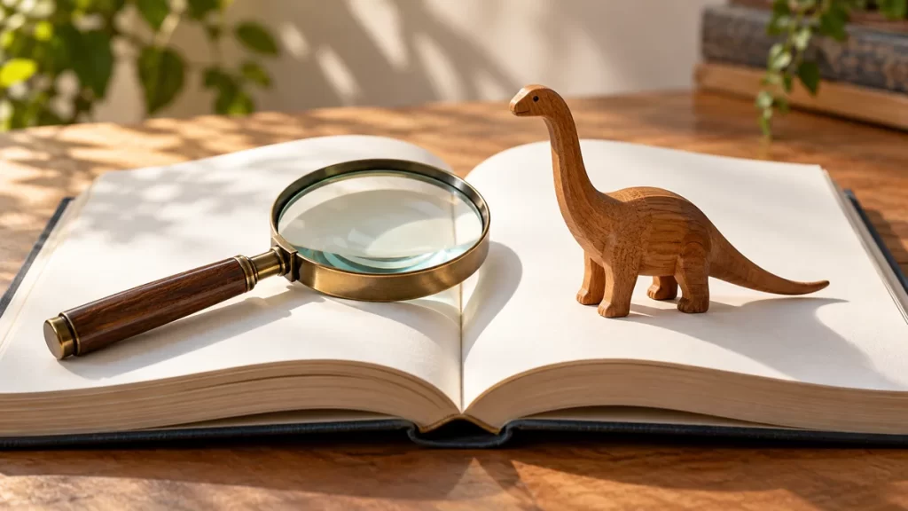 Figura de dinosaurio y lupa sobre un libro abierto.