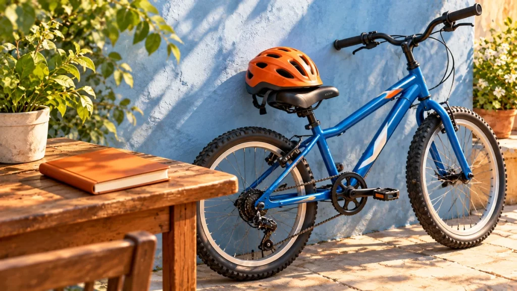 Bicicleta con casco junto a una pared azul y un cuaderno sobre una mesa.