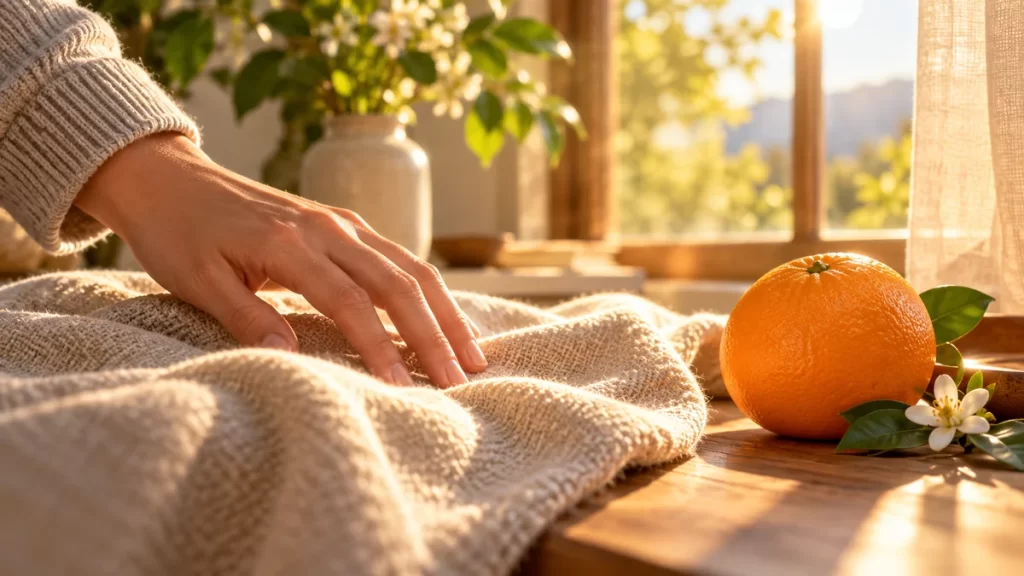 Sensopercepción: cómo relacionamos sensaciones e interpretación 1 Una mano explora una tela junto a una naranja y flores.