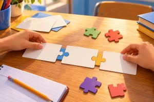 Tarjetas sin texto unidas como piezas de puzle sobre un escritorio.