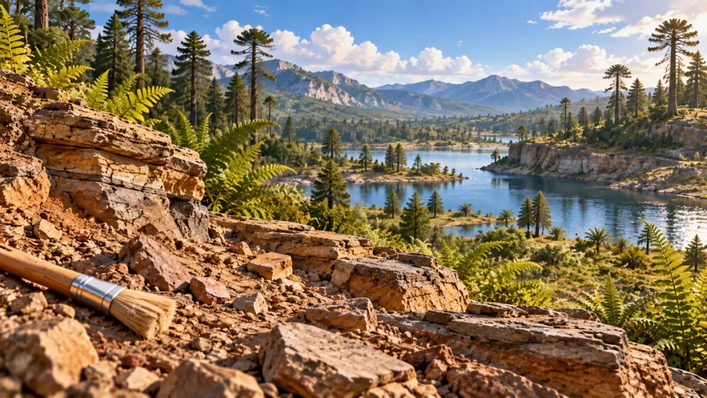Paisaje prehistórico imaginado con lago, coníferas y rocas junto a un pincel de excavación, sin reconstrucción anatómica.