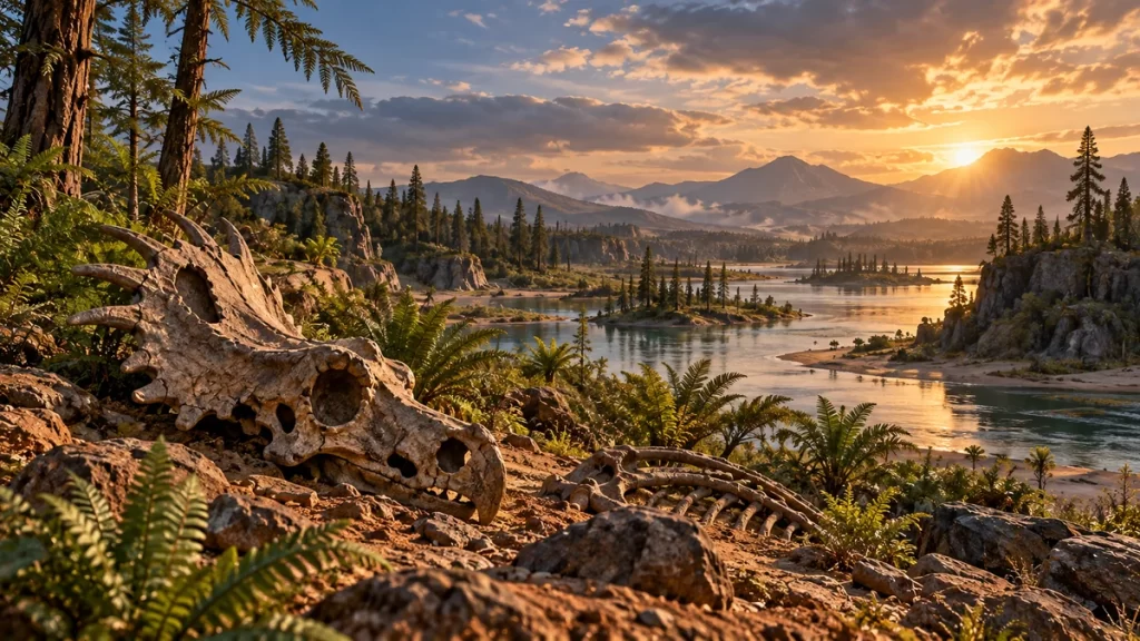 Paisaje cretácico imaginado con un fósil genérico en primer plano.