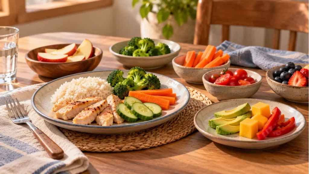 Mesa con porciones de alimentos familiares y variados.