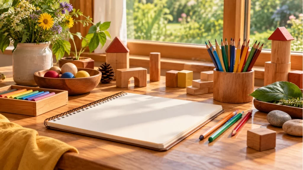 Cuaderno en blanco, colores y bloques de madera junto a una ventana.