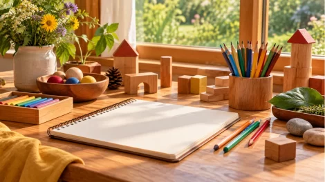 Cuaderno en blanco, colores y bloques de madera junto a una ventana.