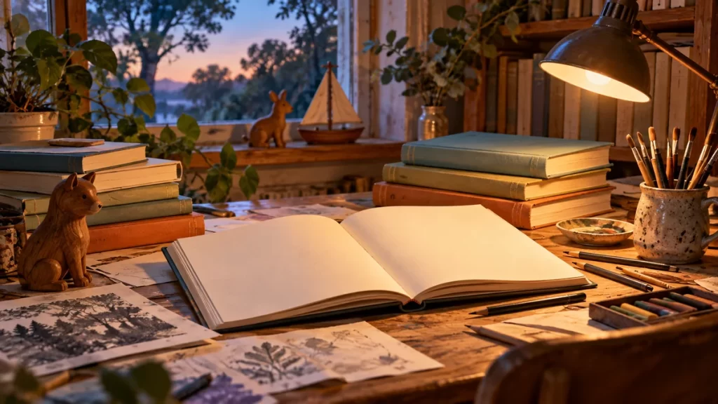 Libros de cubiertas lisas y cuaderno abierto en un escritorio.