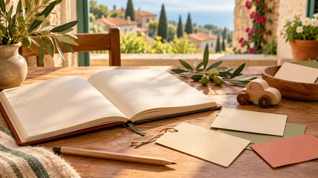 Nombres italianos: diez ejemplos, significado y escritura 1 Cuaderno y tarjetas sin texto, un juguete de madera y ramas de olivo.