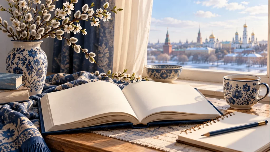 Libro abierto y cuaderno en blanco junto a una ventana.