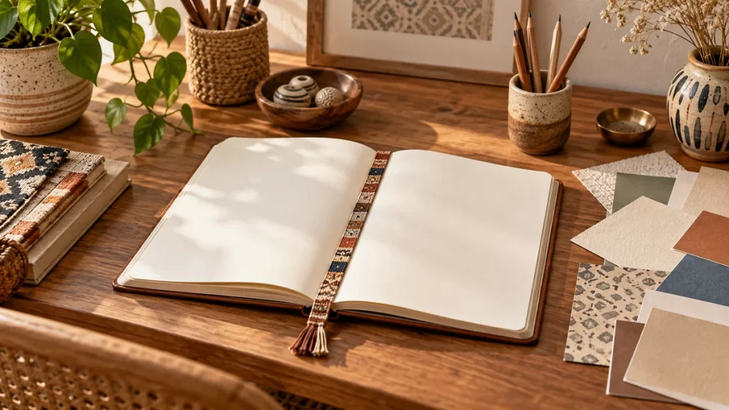 Nombres estadounidenses: significado, escritura y uso 1 Cuaderno, tarjetas de colores y lápices sobre una mesa de estudio.