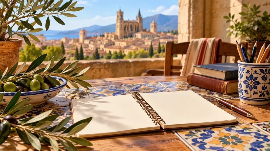Nombres catalanes: significado, escritura y uso 1 Cuaderno y libros ante una ciudad mediterránea imaginada.