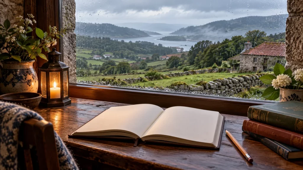 Cuaderno abierto junto a una ventana con un paisaje gallego imaginado.