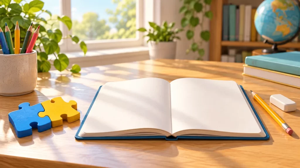 Cuaderno sin texto, lápices y piezas de puzle en un escritorio.