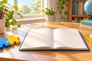 Cuaderno sin texto, lápices y piezas de puzle en un escritorio.