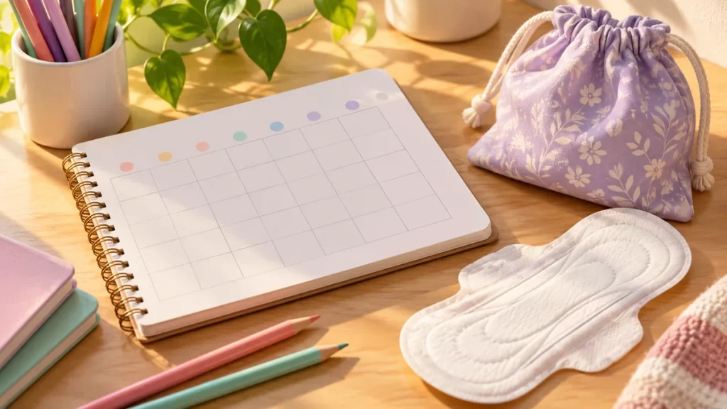 Cuaderno, lápices y materiales limpios para una explicación educativa de la menstruación.