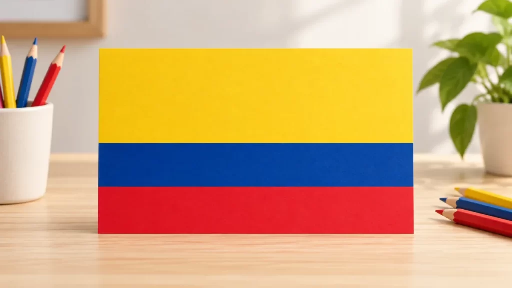 Bandera de Colombia sin escudo sobre una mesa con lápices.