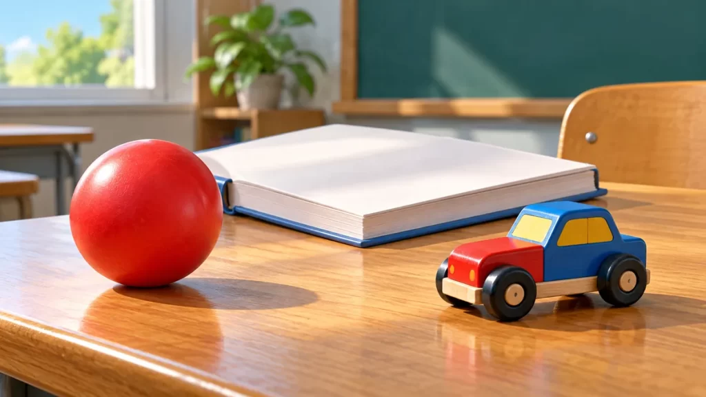 Ley de la inercia: explicación y ejemplos resueltos 1 Pelota, carrito de juguete y libro de páginas blancas sobre una mesa de aula.