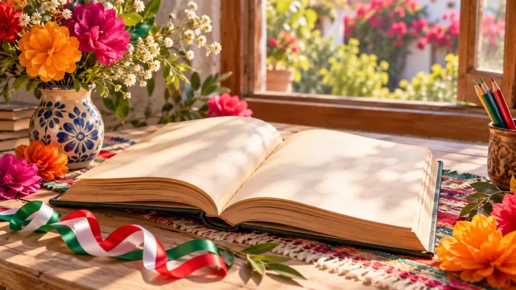 Poetas mexicanos: seis autores y lecturas para empezar 1 Libro abierto sin texto, flores de papel y cintas verdes, blancas y rojas.
