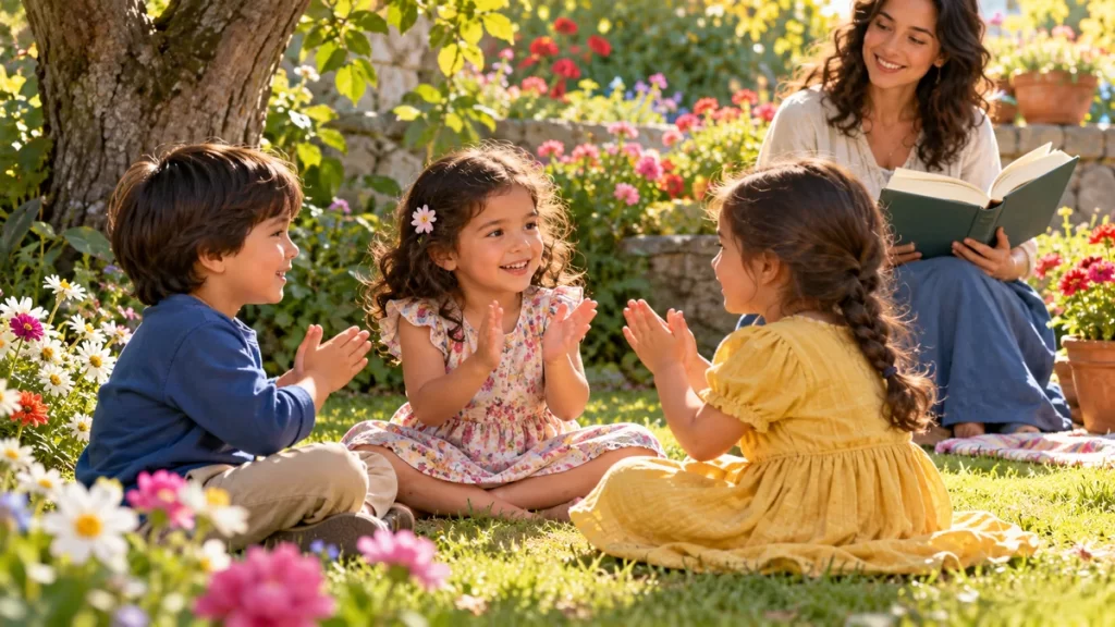Gabriela Mistral: tres poemas para leer y comprender en clase 1 Tres niños juegan con las palmas en un jardín mientras una persona adulta sostiene un libro.