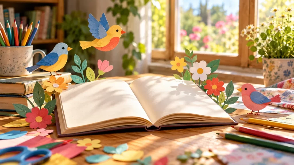 Gloria Fuertes: poemas para niños y guía de lectura en familia 1 Libro abierto de páginas sin letras, pájaros de papel y flores en una mesa para la lectura de poesía infantil.