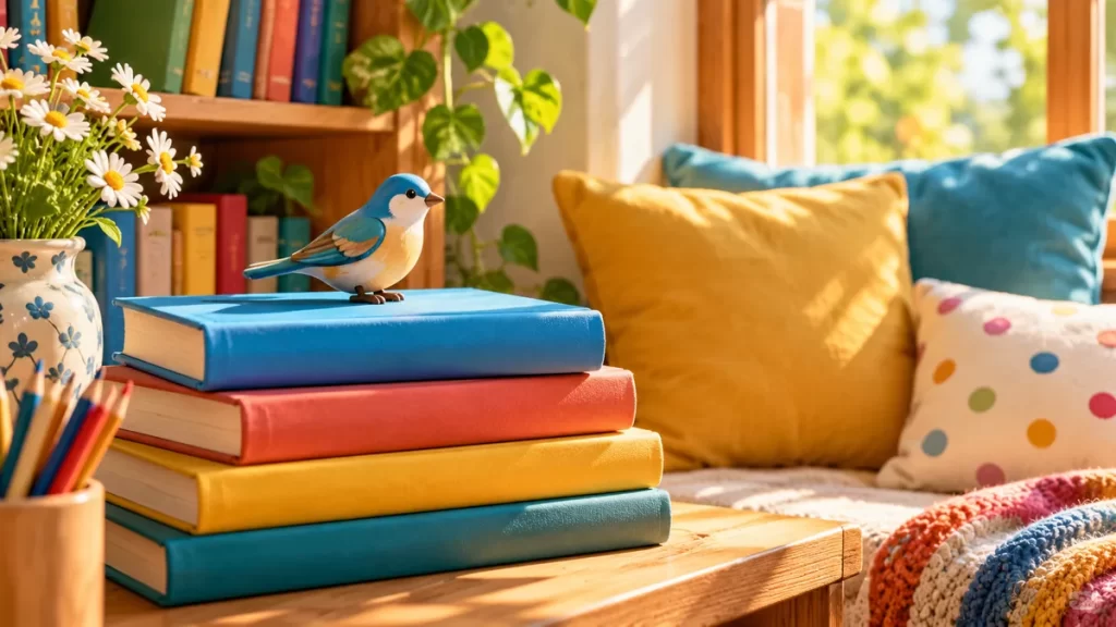 Rincón de lectura infantil con libros de tapas lisas y un pájaro decorativo.