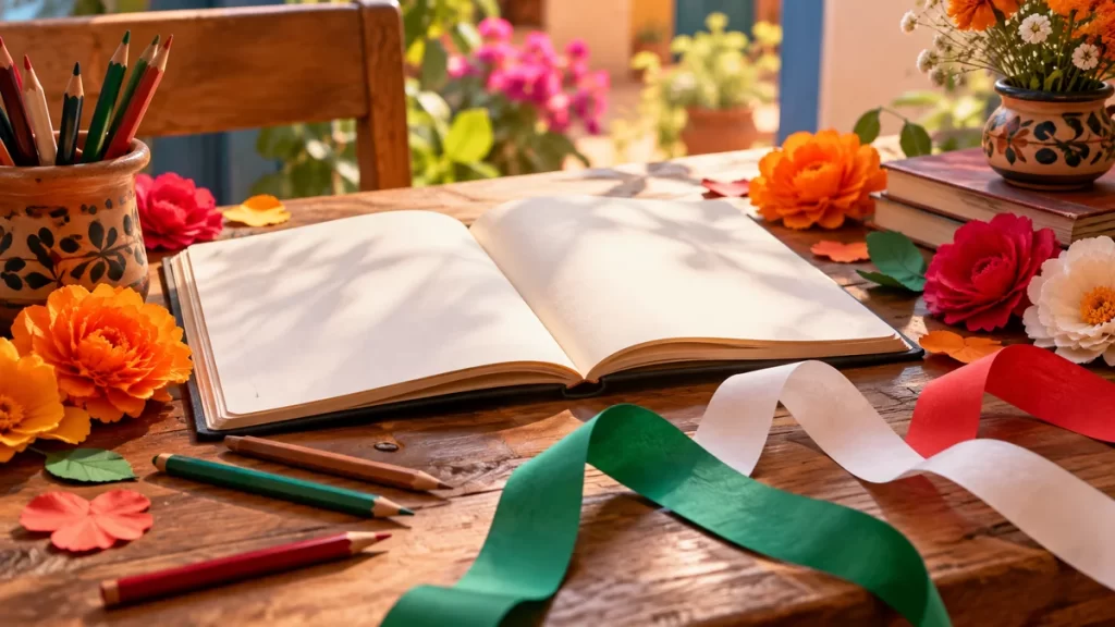 Poemas a la bandera mexicana y a la Independencia: cuatro textos originales 1 Cuaderno sin texto con cintas verdes, blancas y rojas y flores de papel.