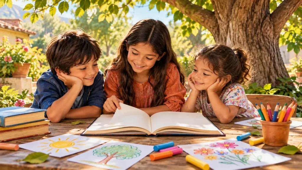 Tres niños comparten un libro bajo un árbol con materiales de dibujo.
