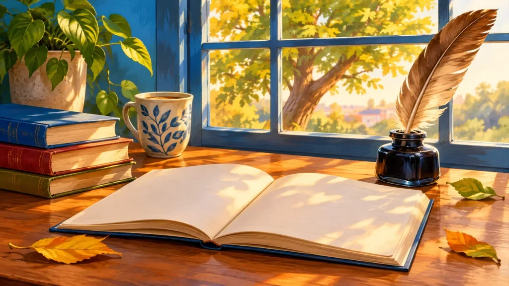 Cuaderno abierto junto a una ventana, una taza y una pluma.