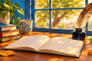 Cuaderno abierto junto a una ventana, una taza y una pluma.