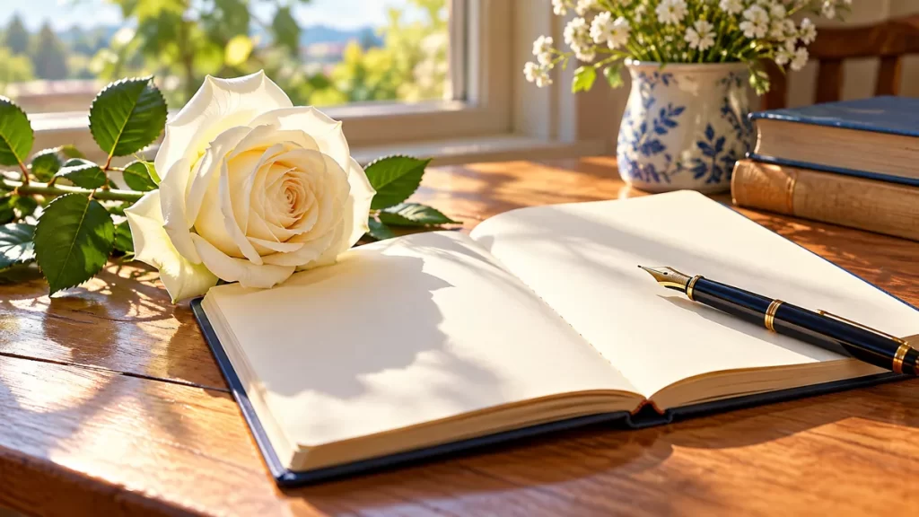 Una rosa blanca junto a un libro de páginas sin texto.