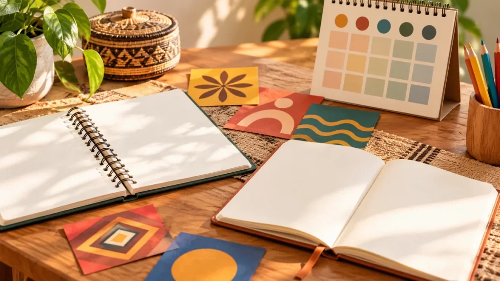 Nombres de lenguas africanas para niña: origen y contexto 1 Cuadernos, tarjetas decorativas y un calendario sin palabras sobre una mesa.