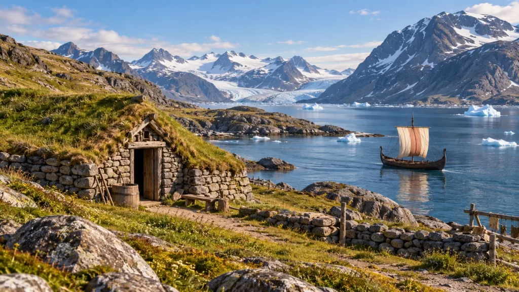 Fiordo de Groenlandia con embarcación nórdica y asentamiento de césped y piedra.