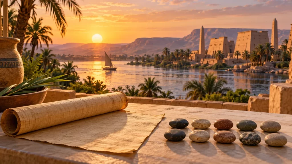 Diez piedras junto a un papiro en blanco frente a un paisaje inspirado en el antiguo Egipto.