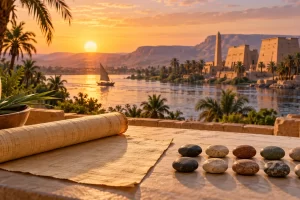 Diez piedras junto a un papiro en blanco frente a un paisaje inspirado en el antiguo Egipto.