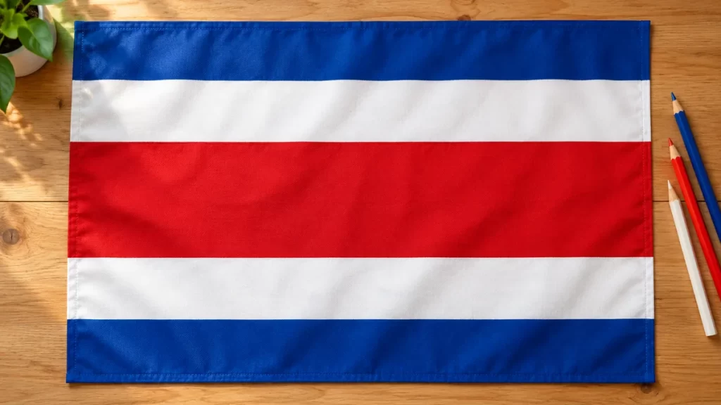Bandera sencilla de Costa Rica con cinco franjas azul, blanco, rojo, blanco y azul sobre una mesa.